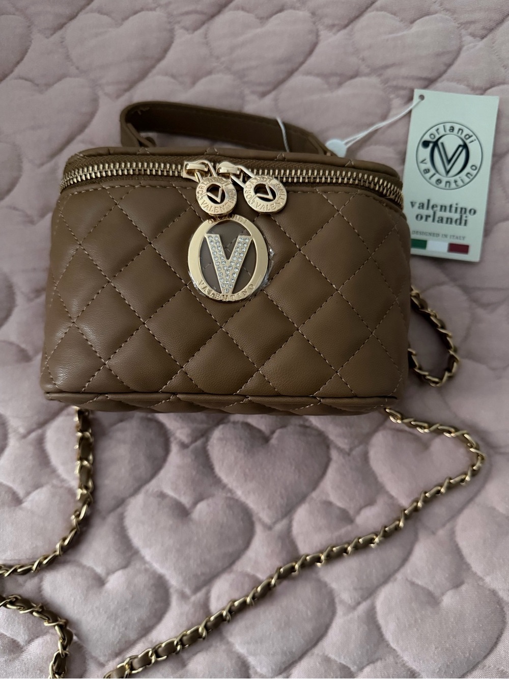 Valentino Orlandi Quilted Tan-Brown Mini Chain Crossbody Bag